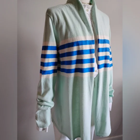 Talbots Cotton Cashmere Open Cardigan Stripe Blue Aqua Classic Size Large - Picture 5 of 15